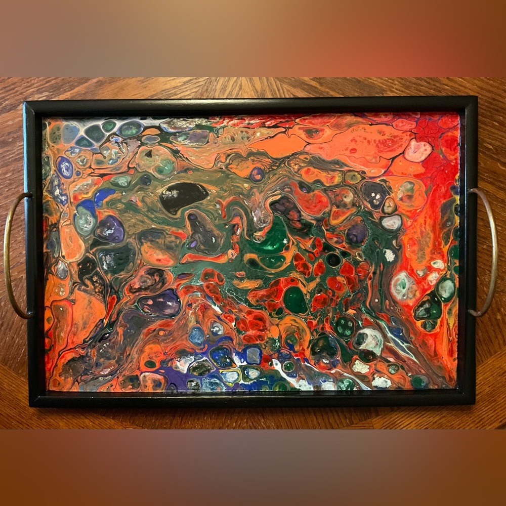 Gorgeous Handmade Original Colorfully Painted Wooden Brass Handle Serving Tray!